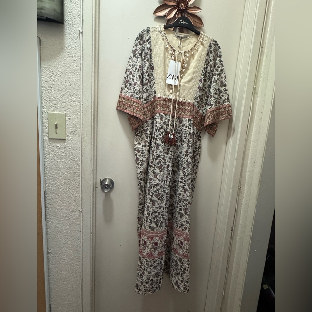 Zara Beige and Red Floral Maxi Dress
